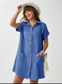 Kadın Cep Detay Müslin Kumaş Mini Gömlek Elbise thumbnail 1