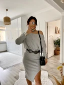Kadın Uzun Kollu Düşük Omuz Yırtmaç Detay Kaşkorse Etek Bluz Ikili Takım - 7