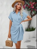 Kadın Kısa Kollu Yakalı Yandan Bağlamalı Dokuma Elbise thumbnail 11