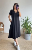 Kadın Kısa Kollu V Yaka Cepli A Kesim Detaylı Viskon Elbise thumbnail 5