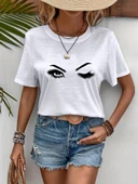 Kadın Kısa Kollu Bisiklet Yaka Göz Baskılı Süprem T-shirt - 1