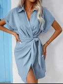 Kadın Kısa Kollu Yakalı Yandan Bağlamalı Dokuma Elbise thumbnail 8