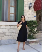 Kadın Kısa Kollu V Yaka Cepli A Kesim Detaylı Viskon Elbise thumbnail 1