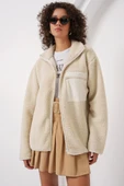 55446 Fermuarlı Oversize Peluş Ceket Mont - Krem - 1