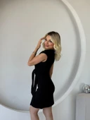 Kadın Kısa Kap Kollu Bisiklet Yaka Belden Bağlamalı Modal Mini Elbise thumbnail 6