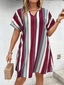 Kadın Kısa Kollu V Yakalı çizgi Baskılı Süprem Elbise thumbnail 14