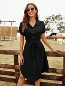 Kadın Kısa Kollu Yakalı önden Düğmeli Beli Kuşaklı Bürümcük Elbise thumbnail 9