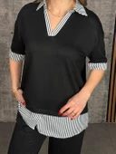 Kadın Modal Kumaş çizgili Gömlek Yaka Ikili Takım thumbnail 2