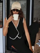 Kadın Kolsuz V Yakalı Düğmeli Ithal Krep Yelek Ve Pantolon Ikili Takım thumbnail 6