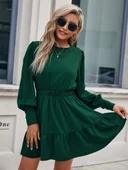 Kadın Uzun Kollu Bisiklet Yaka Beli Lastikli Fırfırlı Ithal Krep Elbise thumbnail 5