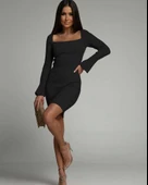 Kadın Uzun Kollu Kare Yaka Kol Ucu Ispanyol Triko Elbise thumbnail 1