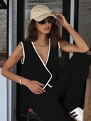 Kadın Kolsuz V Yakalı Düğmeli Ithal Krep Yelek Ve Pantolon Ikili Takım thumbnail 3