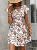 Kadın Kısa Kollu Kruvaze Yakalı çiçek Desenli Süprem Elbise thumbnail 7