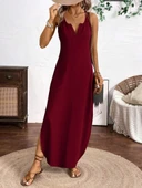 Kadın Askılı Yuvarlak Yaka Asimetrik Detaylı Viskon Elbise thumbnail 5