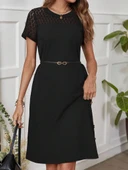 Kadın Kısa Kollu Bisiklet Yaka Dantel Detaylı Düğmeli Modal Elbise thumbnail 5