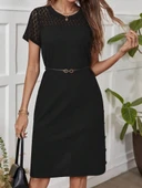 Kadın Kısa Kollu Bisiklet Yaka Dantel Detaylı Düğmeli Modal Elbise thumbnail 4