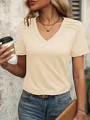 Kadın Kollu V Yakalı Omuzlarda çizgi Detaylı Viskon Bluz thumbnail 5