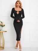 Kadın Uzun Kollu Yaka Damla Detay Mini Aksesuarlı Yırtmaç Detay Krep Elbise thumbnail 2