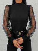 Kadın Siyah Kolu Tül Detaylı Yarım Balıkçı Kaşkorse Bluz thumbnail 9