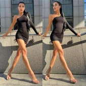 Kadın Omuz Dekolteli Asansör Büzgü Detay Fırsat ürün Mini Siyah Elbise - 3