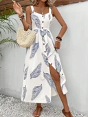 Kadın Askılı önden Düğmeli Yaprak Desenli Uzun Süprem Elbise thumbnail 3