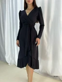 Krep Kumaş Midi Boy Kuşaklı Uzunkol Elbise 113 Cm thumbnail 19