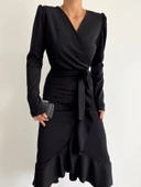 Krep Kumaş Midi Boy Kuşaklı Uzunkol Elbise 113 Cm thumbnail 24