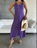 Kadın çan Dokuma Kumaş V Yaka Asimetrik Kesim Elbise thumbnail 8