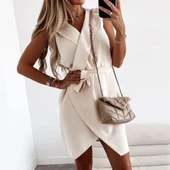 Kruvaze Yaka Kuşaklı Krep Kumaş Elbise thumbnail 14