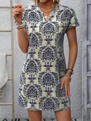 Kadın Kısa Kollu çentik Yaka çiçek Desenli Keten Elbise thumbnail 3