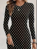 Kadın Uzun Kollu Bisiklet Yaka Puantiyeli örme Krep Midi Elbise thumbnail 2