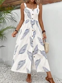 Kadın Askılı önden Düğmeli Yaprak Desenli Uzun Süprem Elbise thumbnail 5