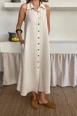 KETEN ÖNDEN DÜĞMELİ KOLSUZ GÖMLEK YAKA ELBİSE - Beyaz thumbnail 2
