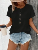 Kadın Kısa Kollu Yakası Açık önden Düğmeli Waffle Bluz thumbnail 1