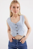 6797 Crop Kot Yelek - Mavi - 4