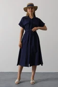 Kuşaklı Cep Detaylı Yarım Kol Elbise - Lacivert thumbnail 3