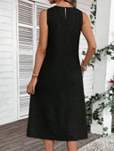 Kadın Kolsuz Bisiklet Yaka Cepli Midi Keten Elbise thumbnail 3