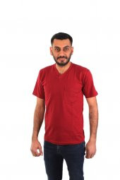 ESER - V Yaka Kısa Kol Penye İş Tişörtü - Cepli - Bordo - 1