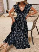 Kadın Kısa Kollu Kruvaze Yakalı Beli Lastikli çiçek Desenli Elbise thumbnail 1