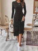 Kadın Uzun Kollu Bisiklet Yaka Puantiyeli örme Krep Midi Elbise thumbnail 3