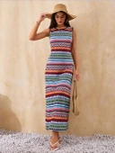 Kadın Bisiklet Yaka Cizgi Desen Süprem Elbise thumbnail 3