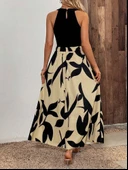 Kadın Sıfır Kollu Yakadan şeritli Omuzlardan Açık Janjan Krep Desenli Al Dalgıç Maxi Elbise thumbnail 3