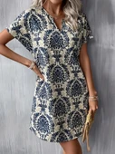 Kadın Kısa Kollu çentik Yaka çiçek Desenli Keten Elbise thumbnail 1