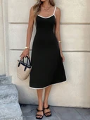 Kadın Ip Askılı Geniş V Yakalı Midi Janjan Krep Elbise thumbnail 1