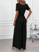 Kadın Kısa Kollu Yuvarlak Yaka Geniş Paçalı Bürümcük Tulum thumbnail 2