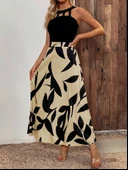 Kadın Sıfır Kollu Yakadan şeritli Omuzlardan Açık Janjan Krep Desenli Al Dalgıç Maxi Elbise thumbnail 2