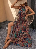 Kadın Kolsuz Halter Yaka Beli Lastikliotantik Desenli Mikro Kumaş Elbise thumbnail 1