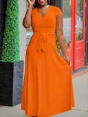 Kadın Kısa Kollu V Yakalı Belden Kuşaklı Maksi Boy Viskon Elbise thumbnail 2