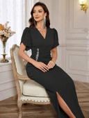 Kadın Kısa Kollu Kruvaze Yakalı Belden çiçek Aksesuarlı Yırtmaçlı Ithal Krep Elbise thumbnail 4