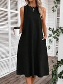 Kadın Kolsuz Bisiklet Yaka Cepli Midi Keten Elbise thumbnail 4